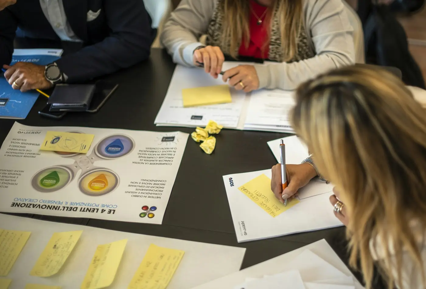 Equipo trabajando en un taller con hojas y notas